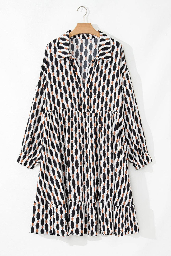 Apricot Geometric Print Collared V Neck Plus Size Mini Dress - Fashion Queen -  13