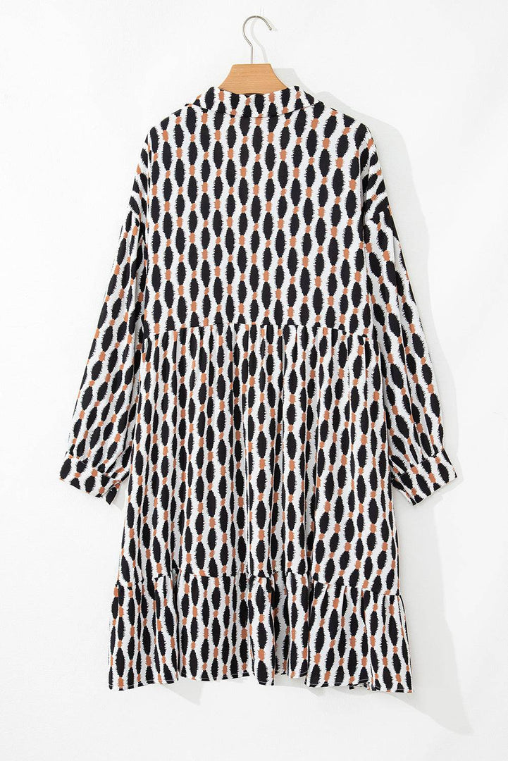 Apricot Geometric Print Collared V Neck Plus Size Mini Dress - Fashion Queen -  14