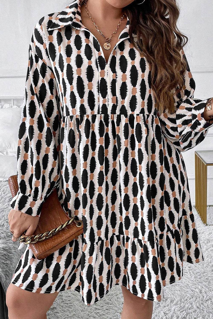 Apricot Geometric Print Collared V Neck Plus Size Mini Dress - Fashion Queen -  8