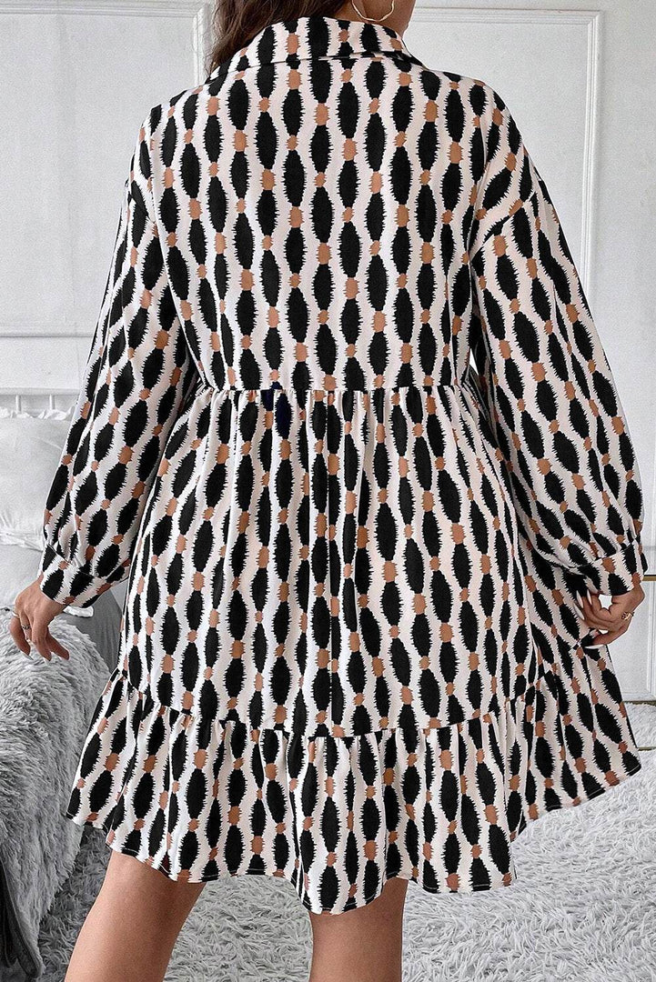 Apricot Geometric Print Collared V Neck Plus Size Mini Dress - Fashion Queen -  9