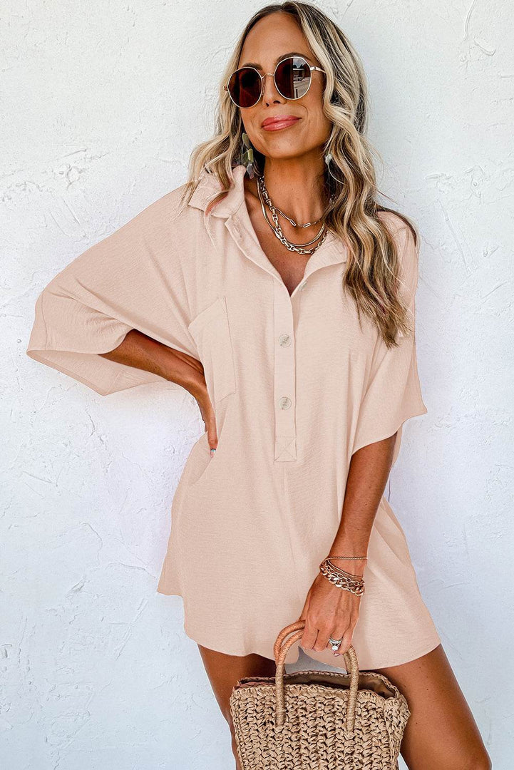 Apricot Half Button Collared Loose Romper - Fashion Queen -  4