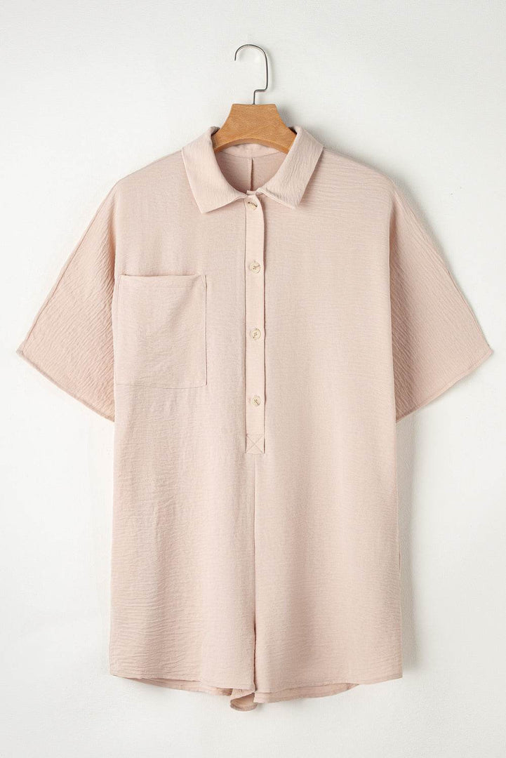 Apricot Half Button Collared Loose Romper - Fashion Queen -  5