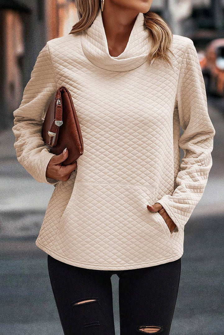 Apricot High Neck Kangaroo Pocket Quilted Sweatshirt - Fashion Queen -  3