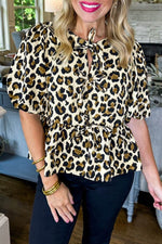 Load image into Gallery viewer, Apricot Leopard Bubble Sleeve Bow Tie Front Peplum Blouse - Fashion Queen -  12
