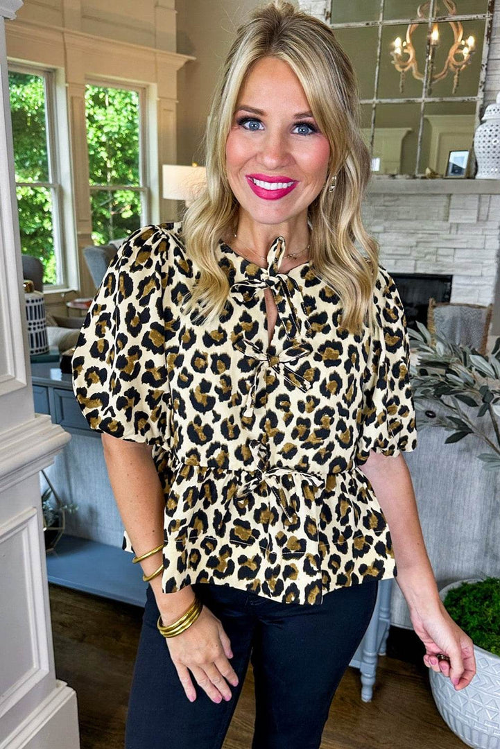 Apricot Leopard Bubble Sleeve Bow Tie Front Peplum Blouse - Fashion Queen -  14