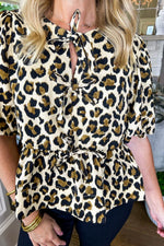 Load image into Gallery viewer, Apricot Leopard Bubble Sleeve Bow Tie Front Peplum Blouse - Fashion Queen -  16
