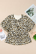 Load image into Gallery viewer, Apricot Leopard Bubble Sleeve Bow Tie Front Peplum Blouse - Fashion Queen -  17
