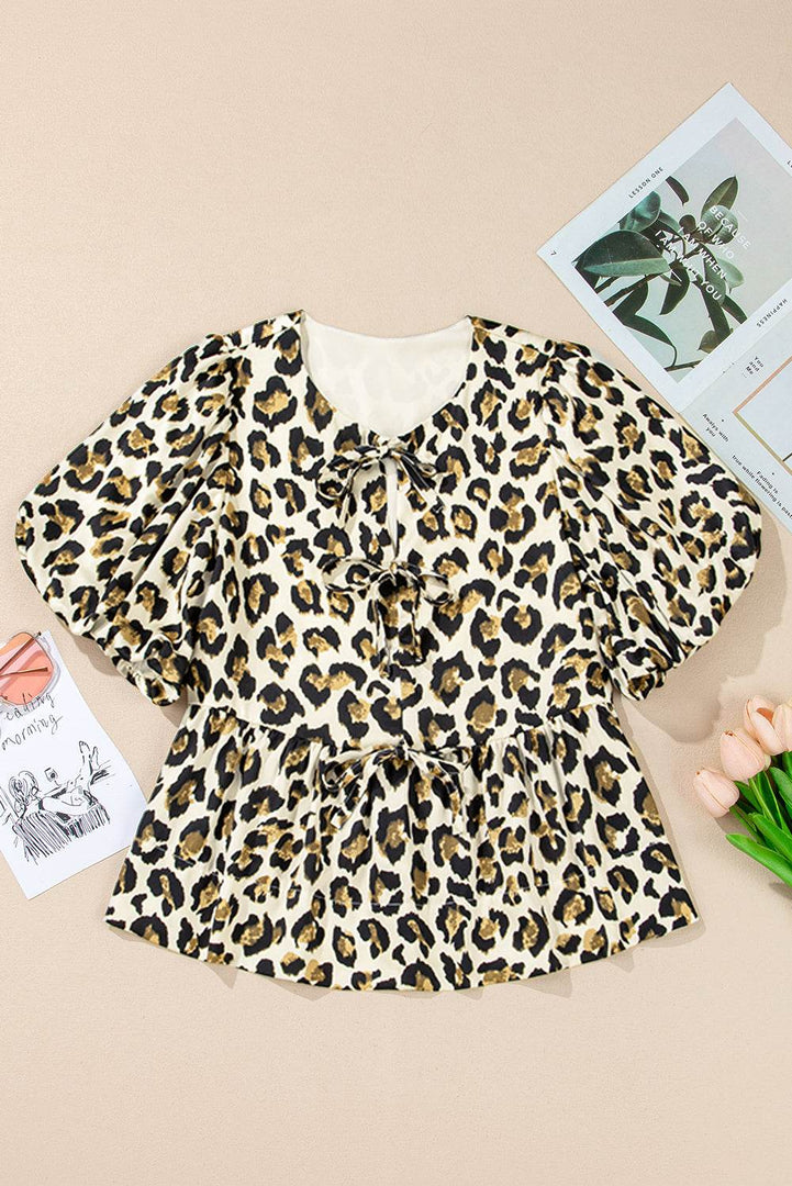 Apricot Leopard Bubble Sleeve Bow Tie Front Peplum Blouse - Fashion Queen -  17
