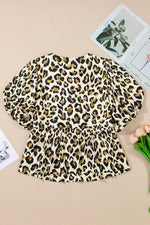 Load image into Gallery viewer, Apricot Leopard Bubble Sleeve Bow Tie Front Peplum Blouse - Fashion Queen -  18
