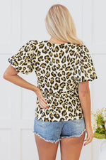 Load image into Gallery viewer, Apricot Leopard Bubble Sleeve Bow Tie Front Peplum Blouse - Fashion Queen -  2
