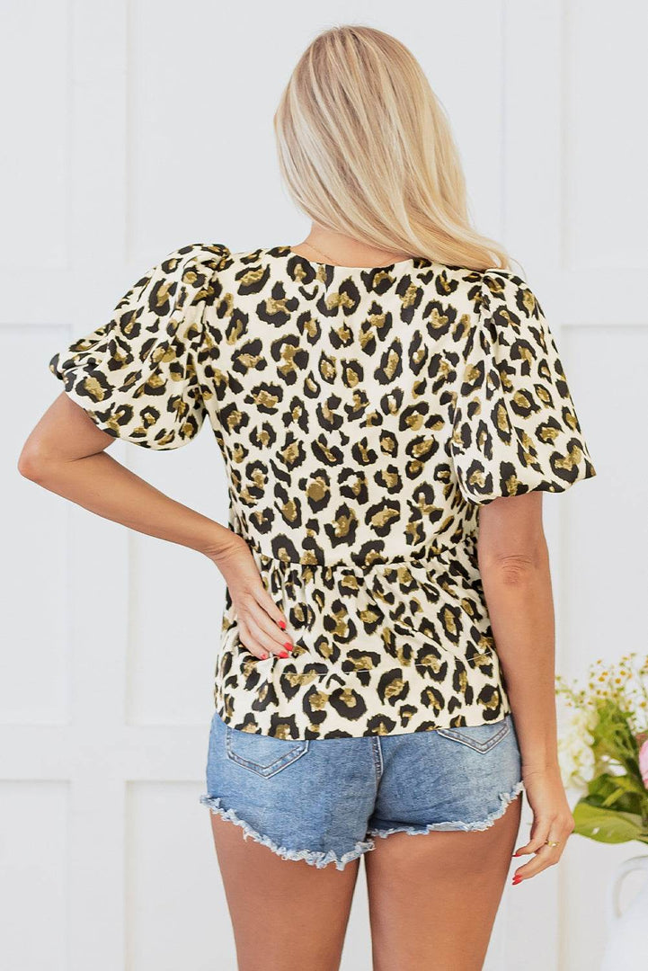 Apricot Leopard Bubble Sleeve Bow Tie Front Peplum Blouse - Fashion Queen -  2