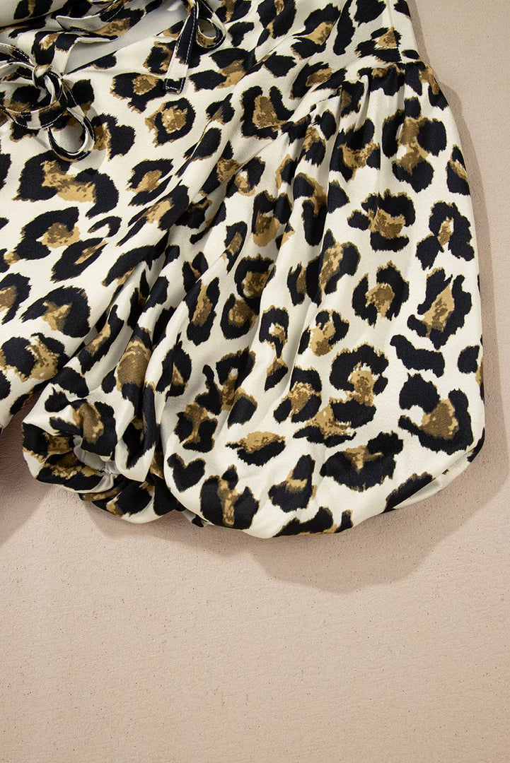 Apricot Leopard Bubble Sleeve Bow Tie Front Peplum Blouse - Fashion Queen -  20