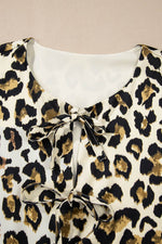 Load image into Gallery viewer, Apricot Leopard Bubble Sleeve Bow Tie Front Peplum Blouse - Fashion Queen -  22
