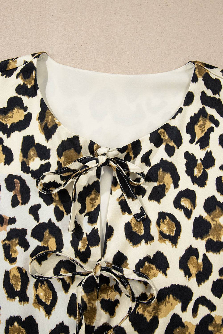 Apricot Leopard Bubble Sleeve Bow Tie Front Peplum Blouse - Fashion Queen -  22