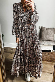 Apricot Leopard Print Tiered Wide Sleeve Maxi Dress - Fashion Queen -  1