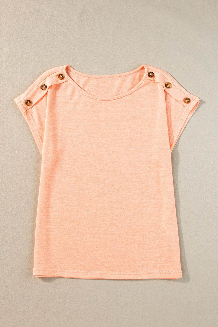 Apricot Pink Button Detail Batwing Sleeve Casual Tee - Fashion Queen -  7