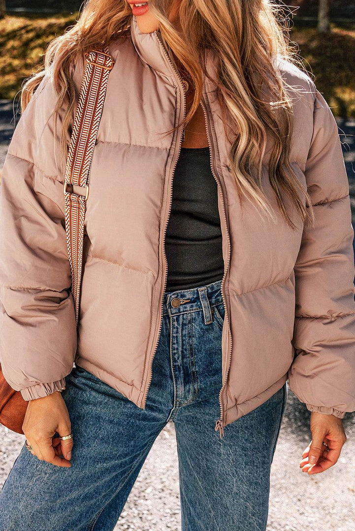Apricot Pink Full Zipper Quilted Puffer Jacket - Fashion Queen -  4