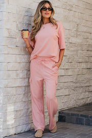 Apricot Pink Half Sleeve T-Shirt & Cargo Sweatpants Set - Fashion Queen -  1
