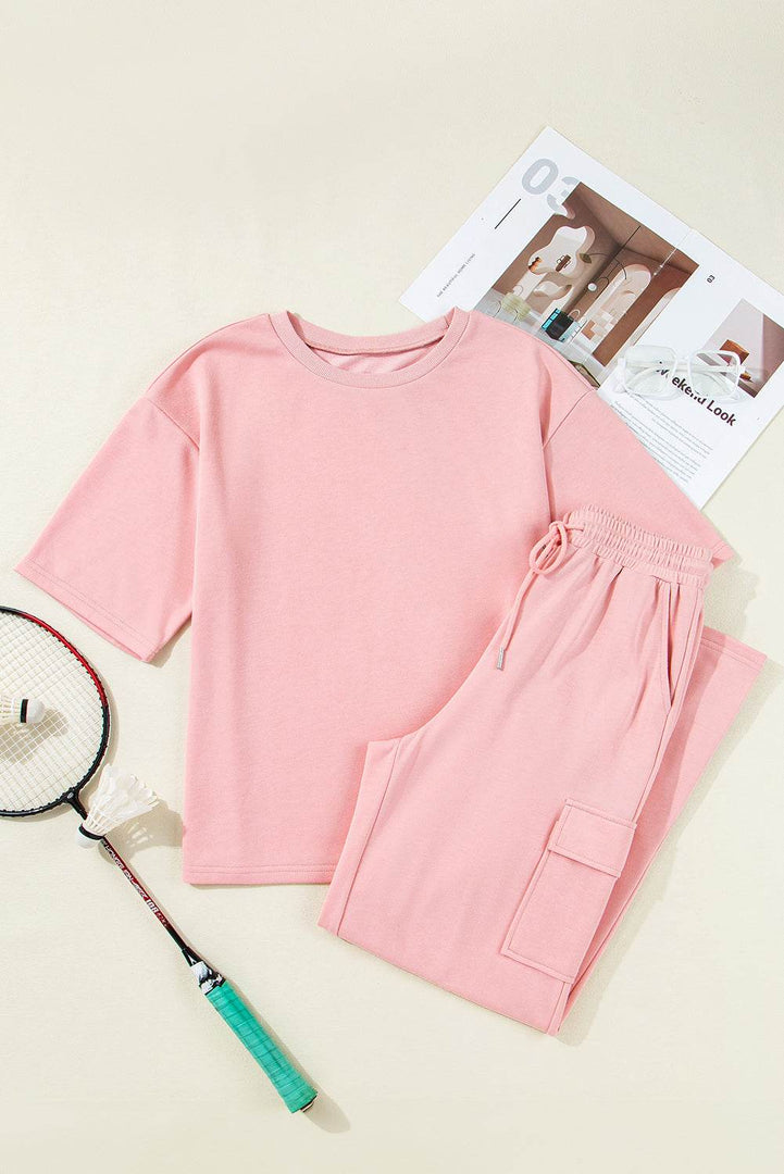Apricot Pink Half Sleeve T-Shirt & Cargo Sweatpants Set - Fashion Queen -  8