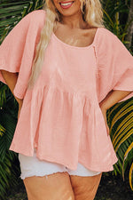Load image into Gallery viewer, Apricot Pink Plus Size Textured Wide Short Sleeve Babydoll Blouse - Fashion Queen -  1
