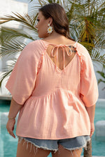 Load image into Gallery viewer, Apricot Pink Plus Size Textured Wide Short Sleeve Babydoll Blouse - Fashion Queen -  14
