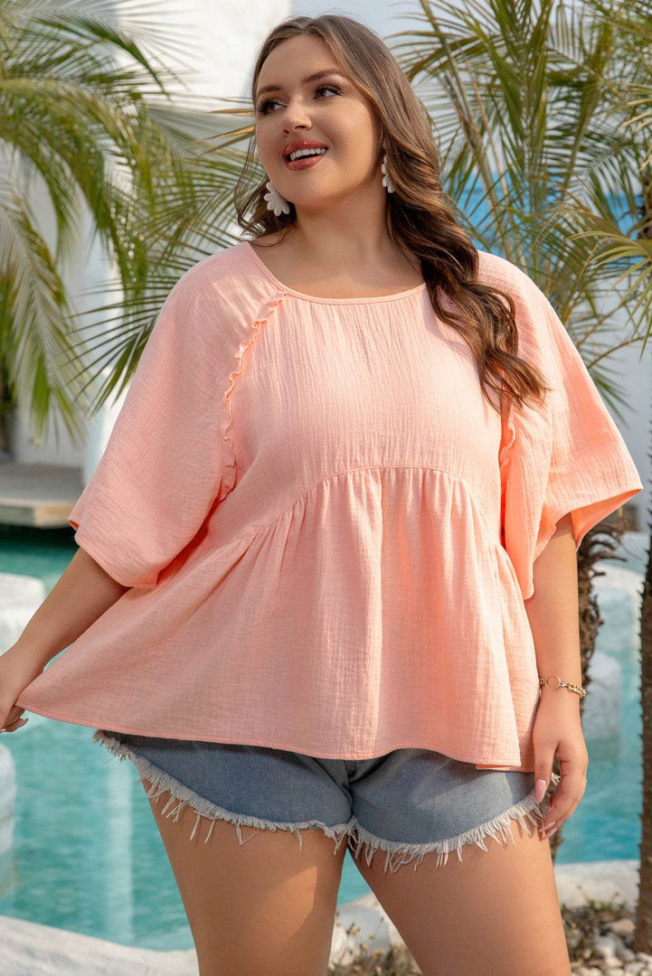 Apricot Pink Plus Size Textured Wide Short Sleeve Babydoll Blouse - Fashion Queen -  15