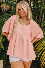 Load image into Gallery viewer, Apricot Pink Plus Size Textured Wide Short Sleeve Babydoll Blouse - Fashion Queen -  4
