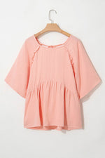 Load image into Gallery viewer, Apricot Pink Plus Size Textured Wide Short Sleeve Babydoll Blouse - Fashion Queen -  6
