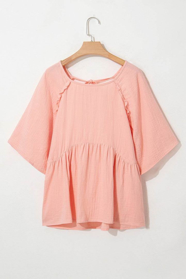 Apricot Pink Plus Size Textured Wide Short Sleeve Babydoll Blouse - Fashion Queen -  6