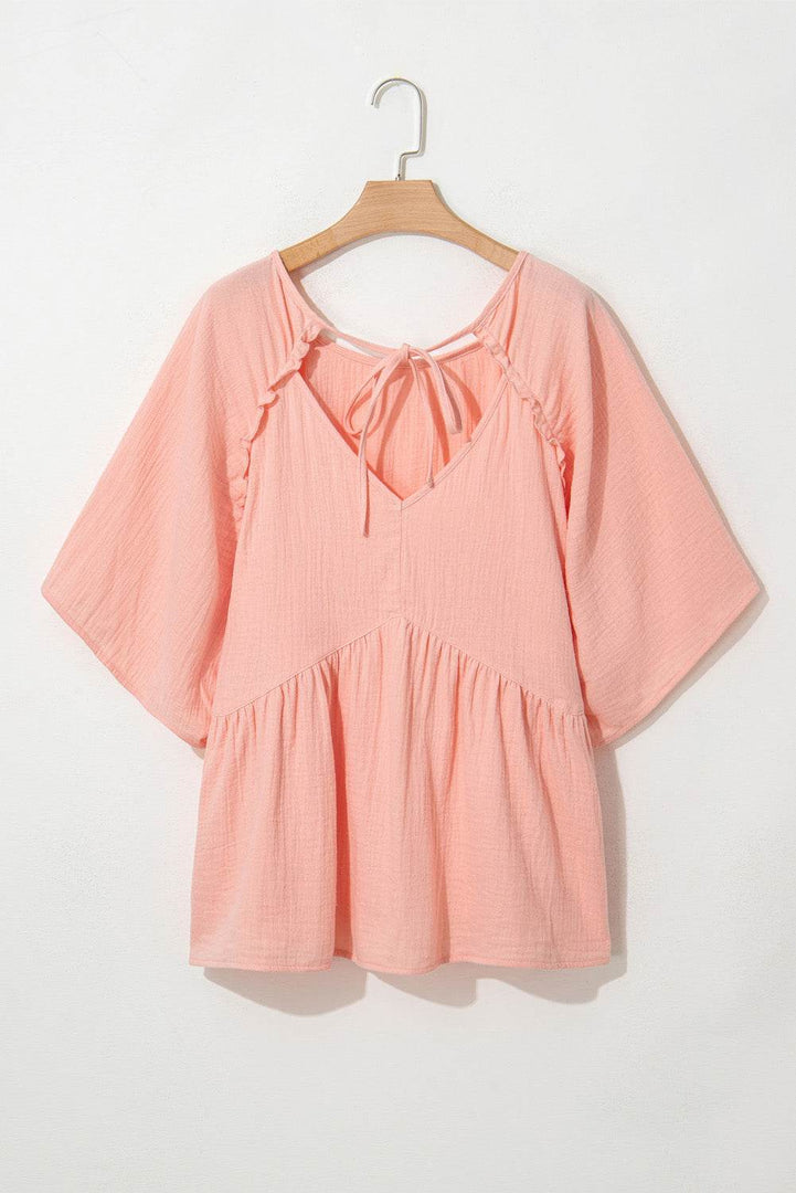 Apricot Pink Plus Size Textured Wide Short Sleeve Babydoll Blouse - Fashion Queen -  7