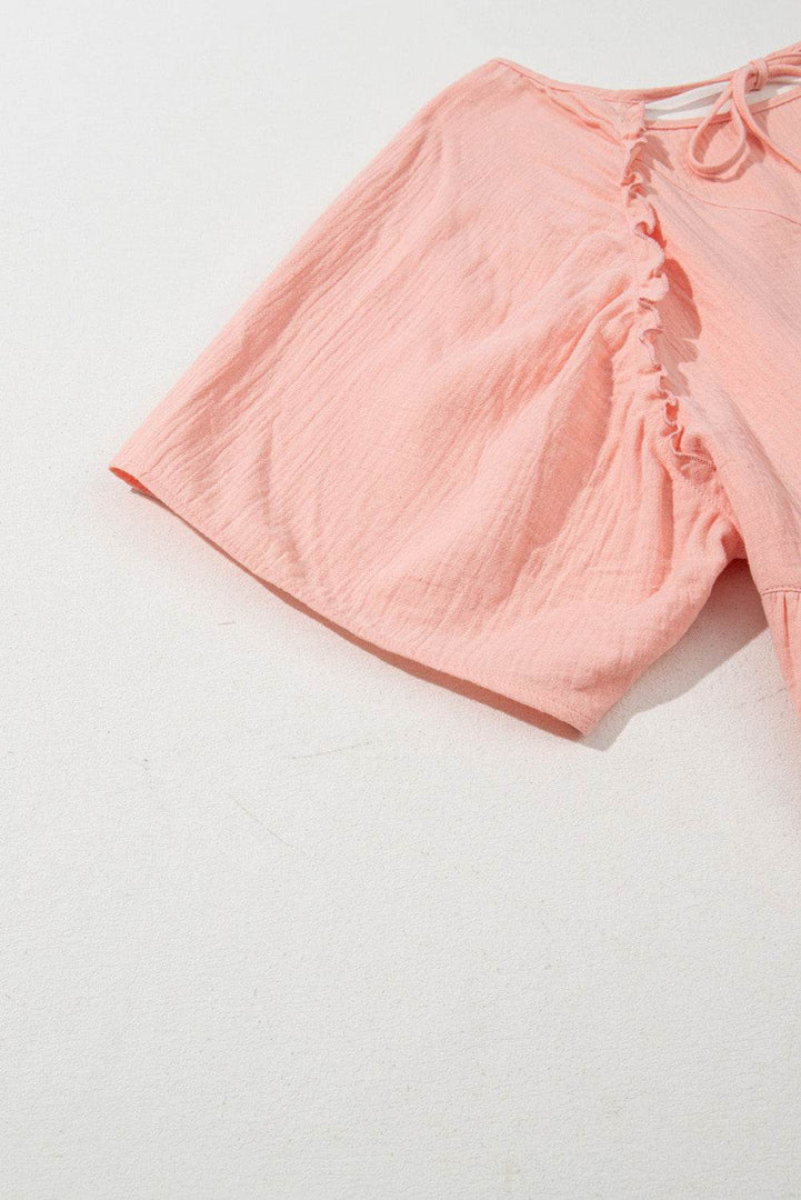 Apricot Pink Plus Size Textured Wide Short Sleeve Babydoll Blouse - Fashion Queen -  9
