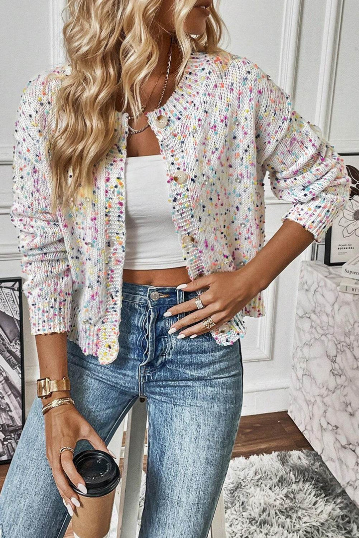 Apricot Rhinestone Decor Multicolor Confetti Sweater Cardigan - Fashion Queen -  13