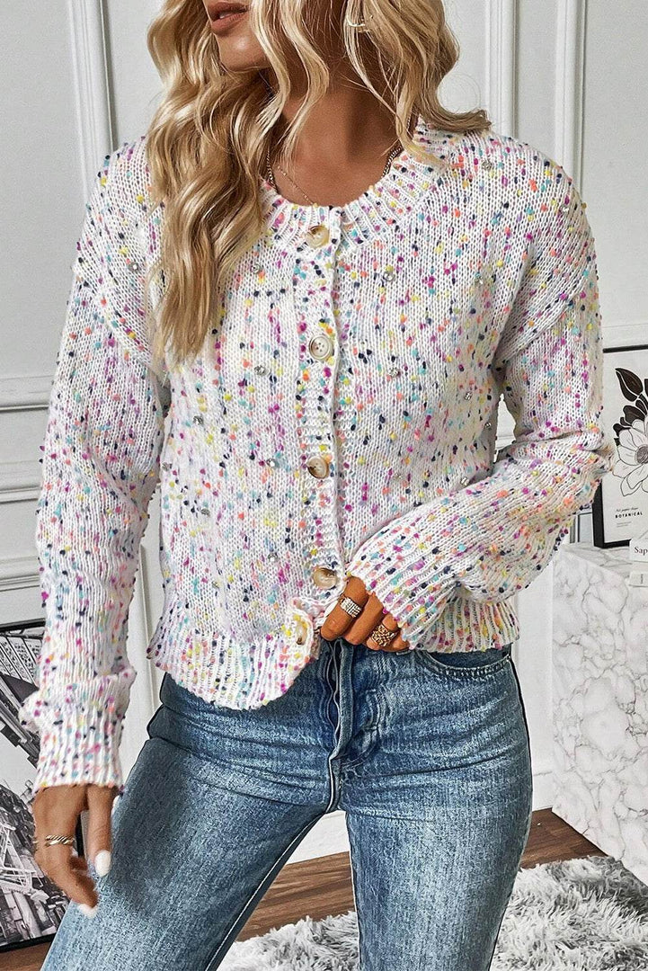 Apricot Rhinestone Decor Multicolor Confetti Sweater Cardigan - Fashion Queen -  16