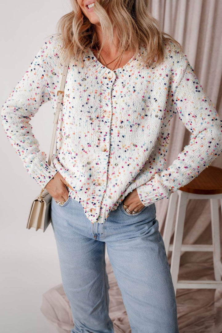 Apricot Rhinestone Decor Multicolor Confetti Sweater Cardigan - Fashion Queen -  3