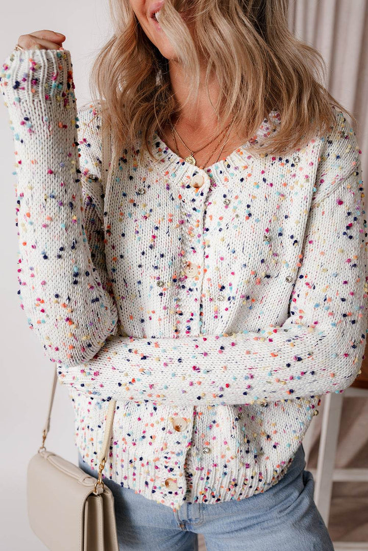 Apricot Rhinestone Decor Multicolor Confetti Sweater Cardigan - Fashion Queen -  5