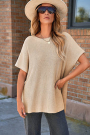 Apricot Short Sleeve Side Slit Oversized Sweater - Fashion Queen -  1