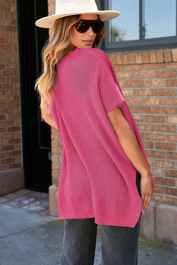 Apricot Short Sleeve Side Slit Oversized Sweater - Fashion Queen -  11