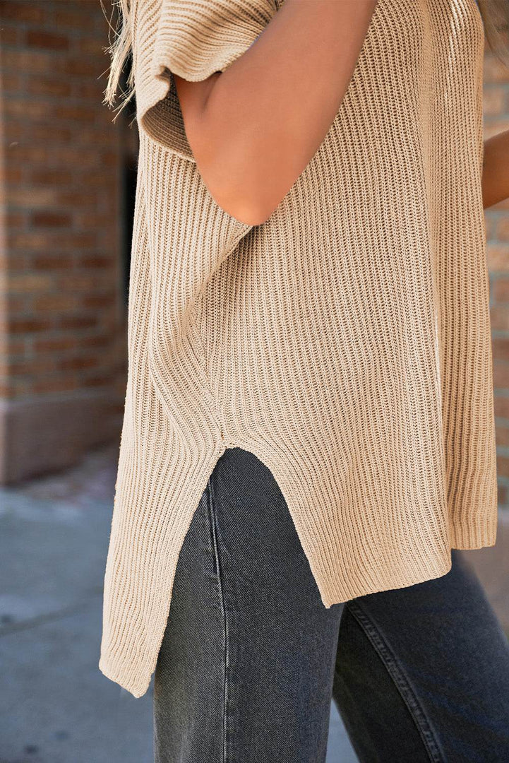 Apricot Short Sleeve Side Slit Oversized Sweater - Fashion Queen -  19