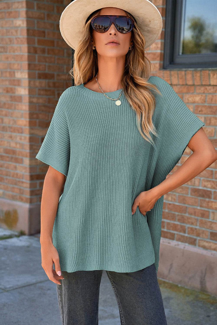 Apricot Short Sleeve Side Slit Oversized Sweater - Fashion Queen -  27