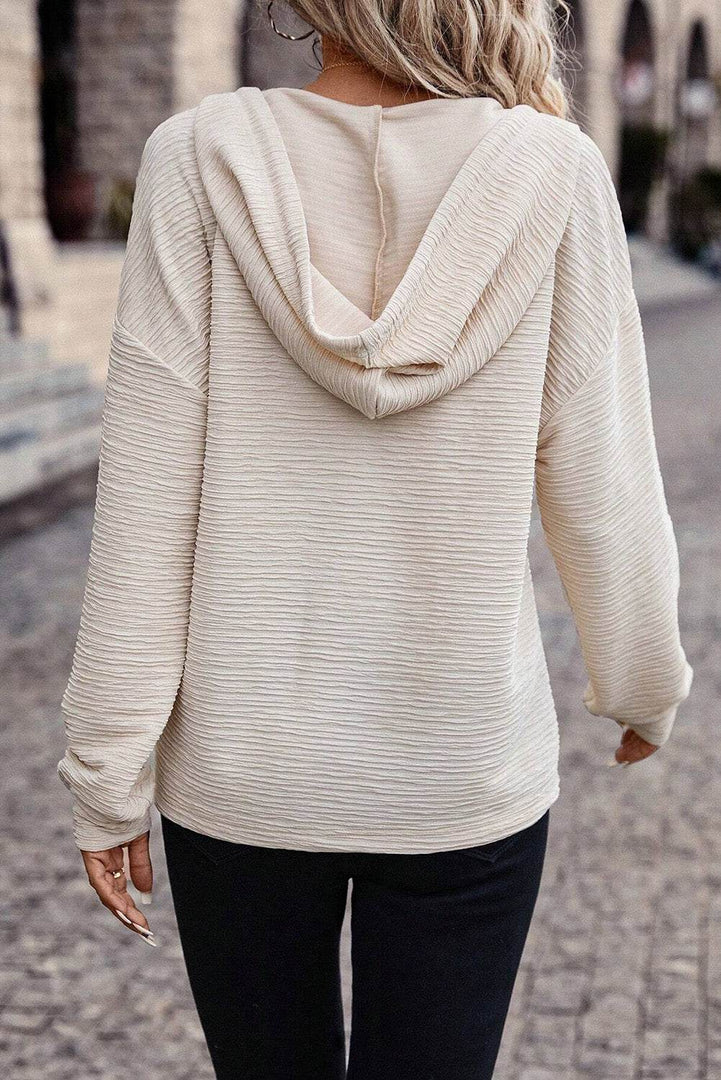 Apricot Solid Textured Drawstring Henley Hoodie - Fashion Queen -  2