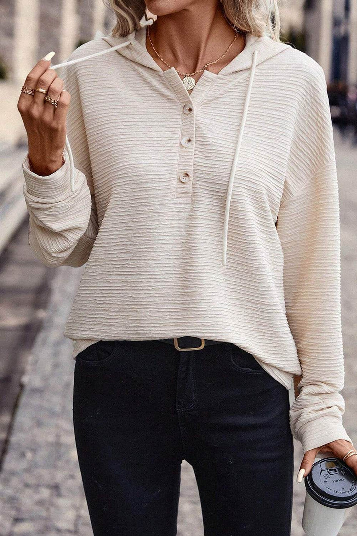 Apricot Solid Textured Drawstring Henley Hoodie - Fashion Queen -  3