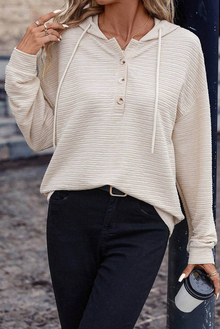 Apricot Solid Textured Drawstring Henley Hoodie - Fashion Queen -  6