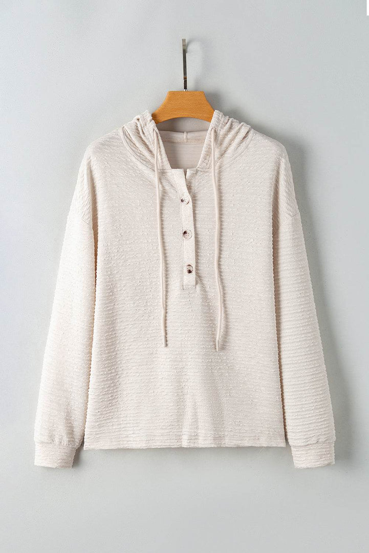 Apricot Solid Textured Drawstring Henley Hoodie - Fashion Queen -  7