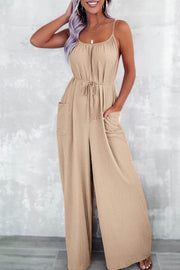 Apricot Spaghetti Straps Waist Tie Wide Leg Jumpsuit with Pockets - Fashion Queen -  1