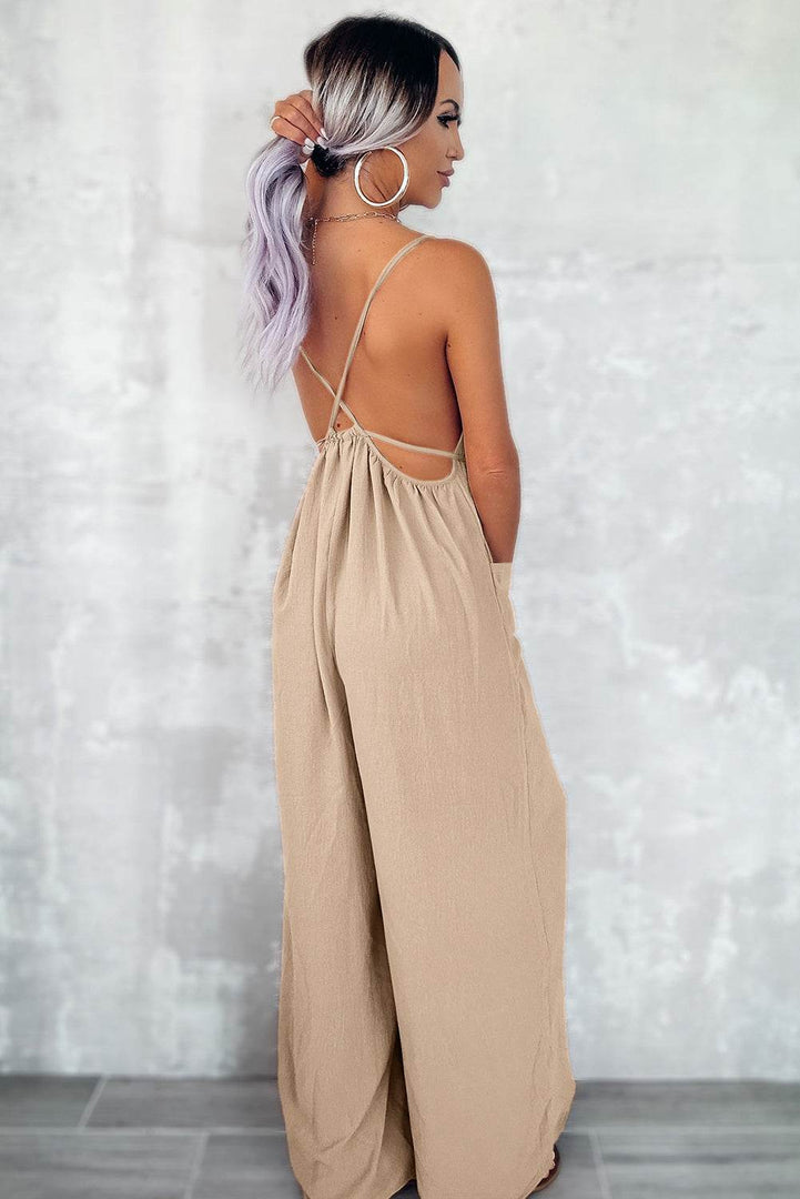 Apricot Spaghetti Straps Waist Tie Wide Leg Jumpsuit with Pockets - Fashion Queen -  2