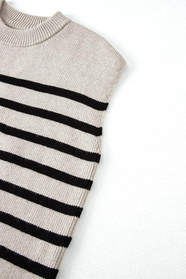 Apricot Stripe Boxy Knitted Round Neck Sweater Tank - Fashion Queen -  10