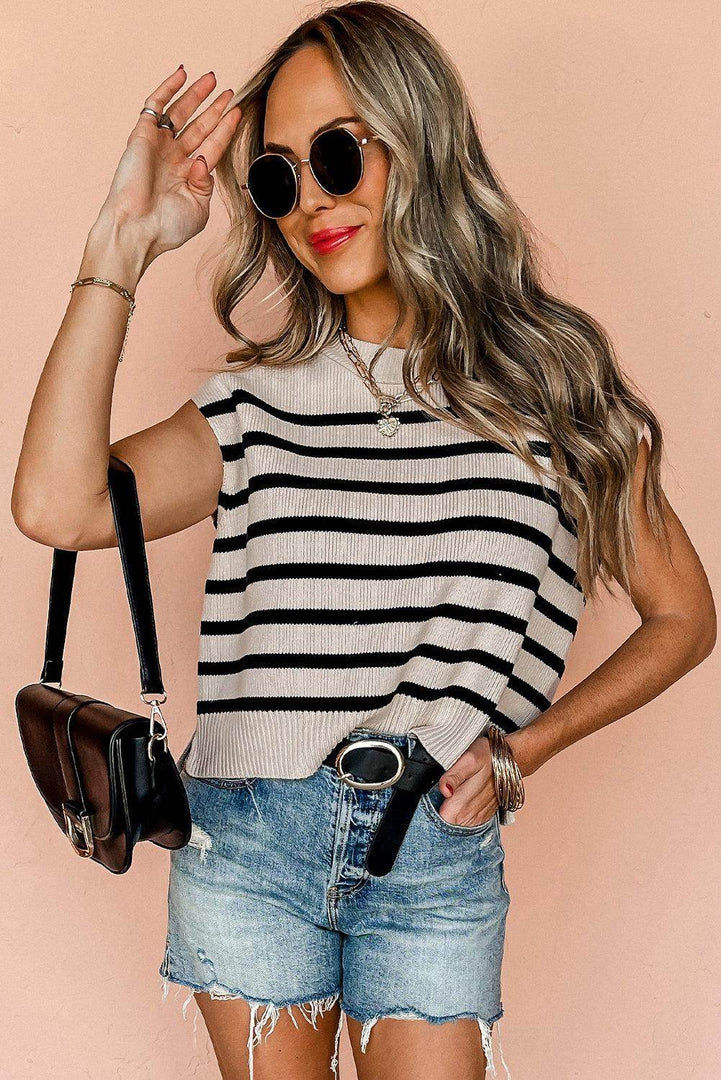 Apricot Stripe Boxy Knitted Round Neck Sweater Tank - Fashion Queen -  3