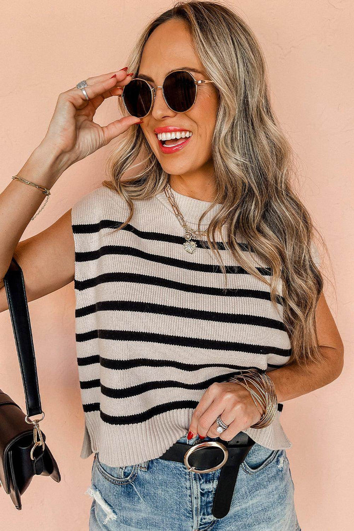 Apricot Stripe Boxy Knitted Round Neck Sweater Tank - Fashion Queen -  5