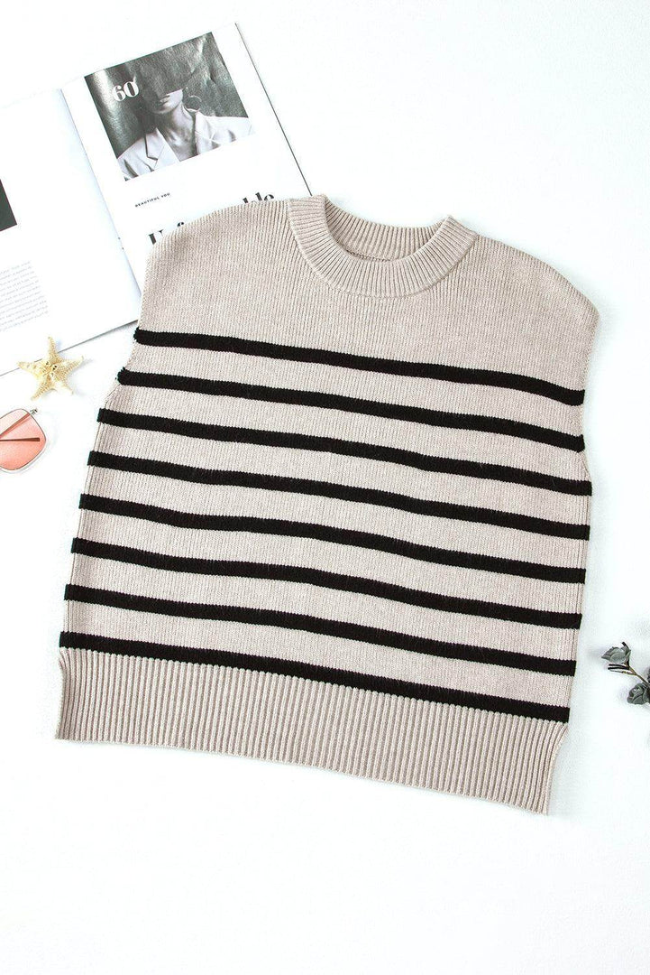 Apricot Stripe Boxy Knitted Round Neck Sweater Tank - Fashion Queen -  7