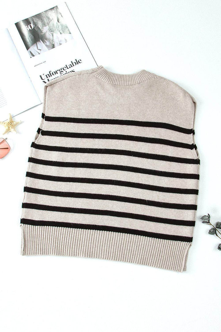 Apricot Stripe Boxy Knitted Round Neck Sweater Tank - Fashion Queen -  8